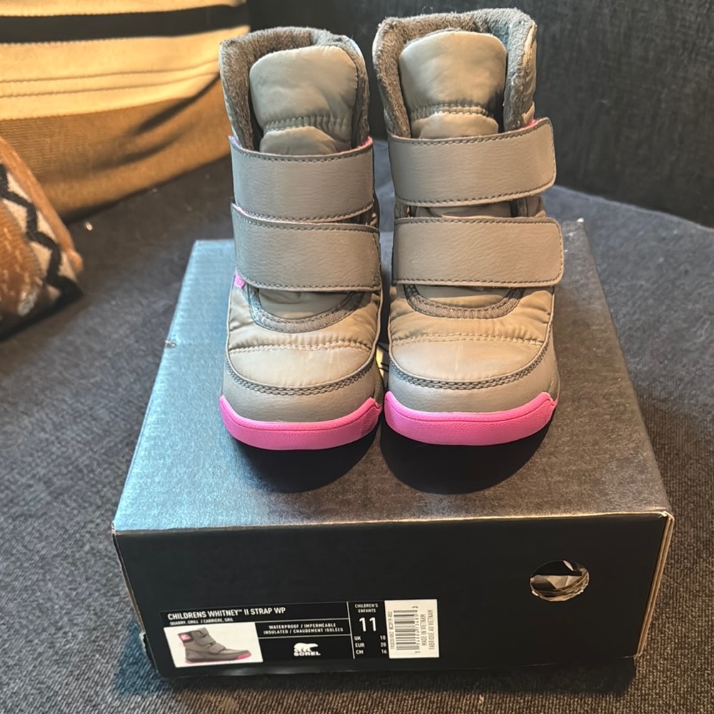 Sorel Gray and Pink Rain & Snow Boots with Velcro Straps- kid’s 11